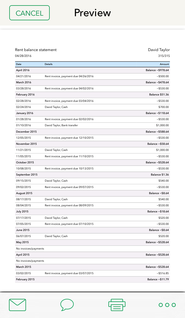 Rent balance statement preview