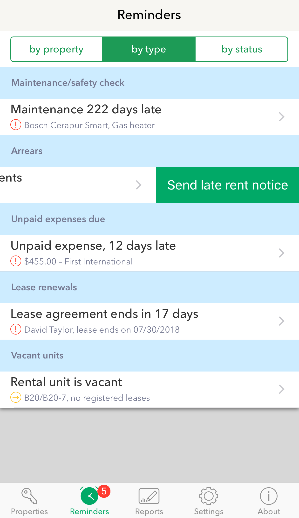 Swipe to send Late rent notice