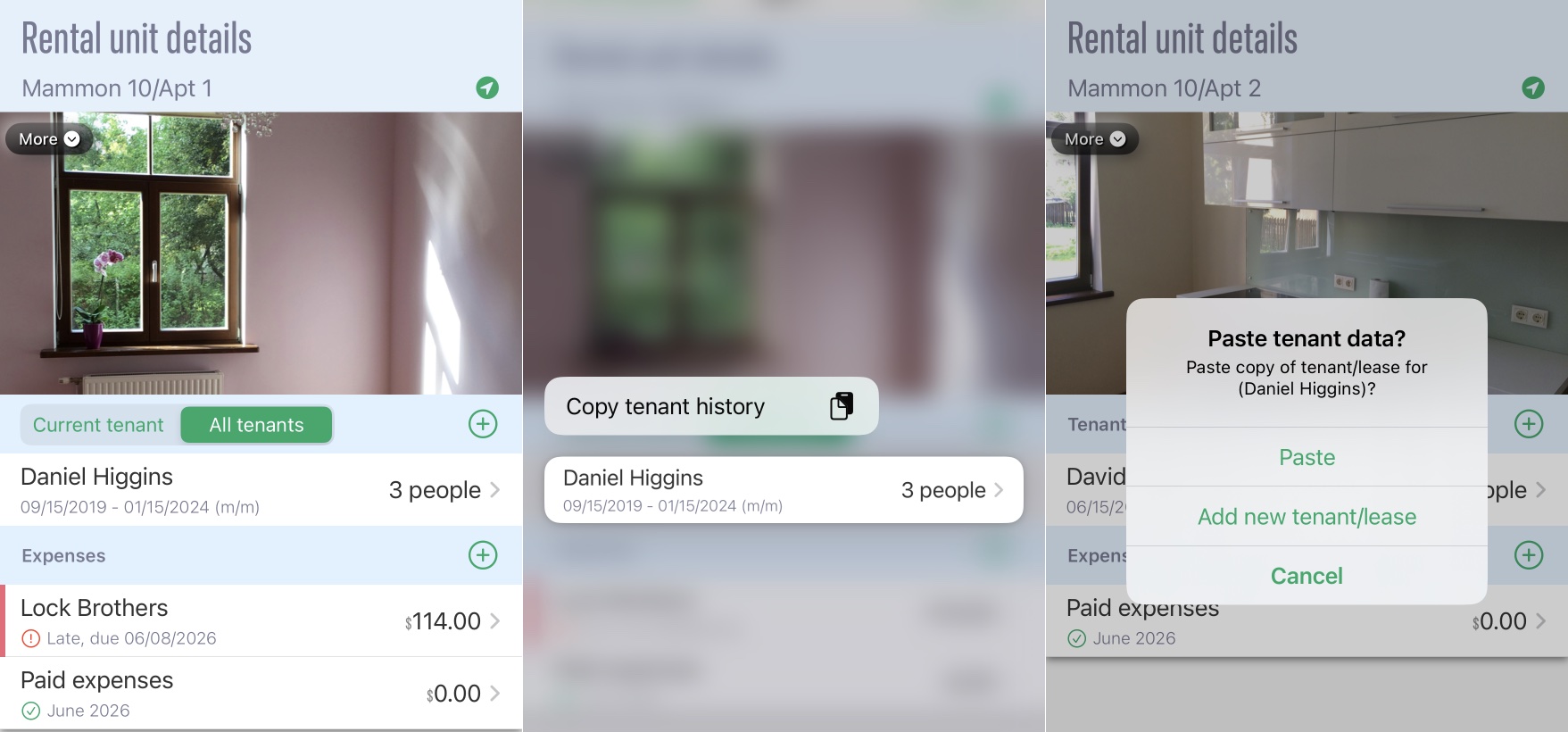 Copy tenant data for creating another lease