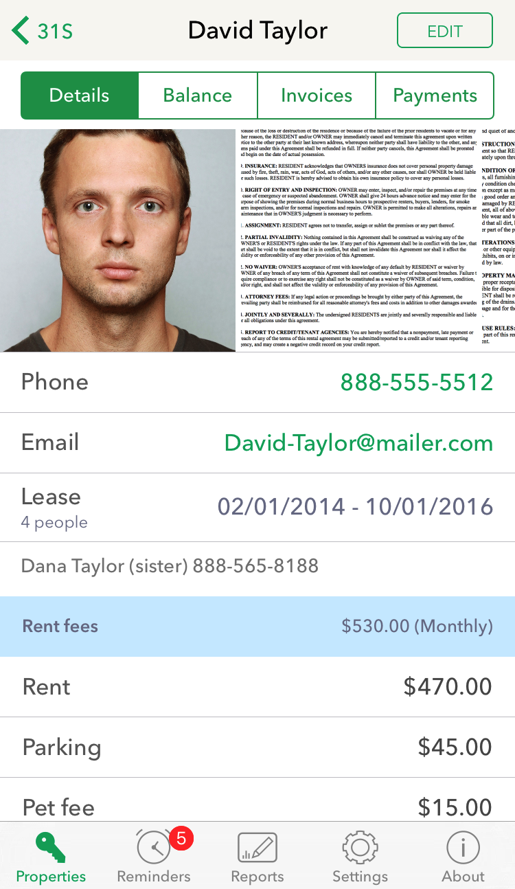 Tenant details screen