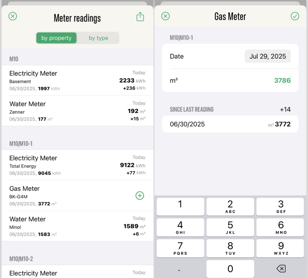 Meter readings editing screens